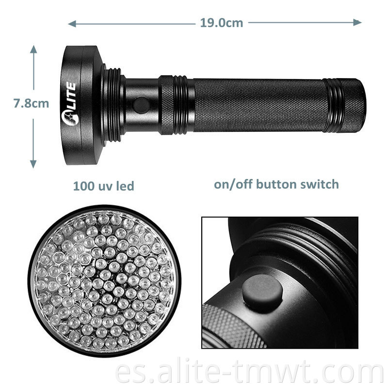 100 LED UV Linterna UV 395 nm Detector de luz negra ultravioleta para orina para perros, habitaciones de hotel, manchas de mascotas y chinches.